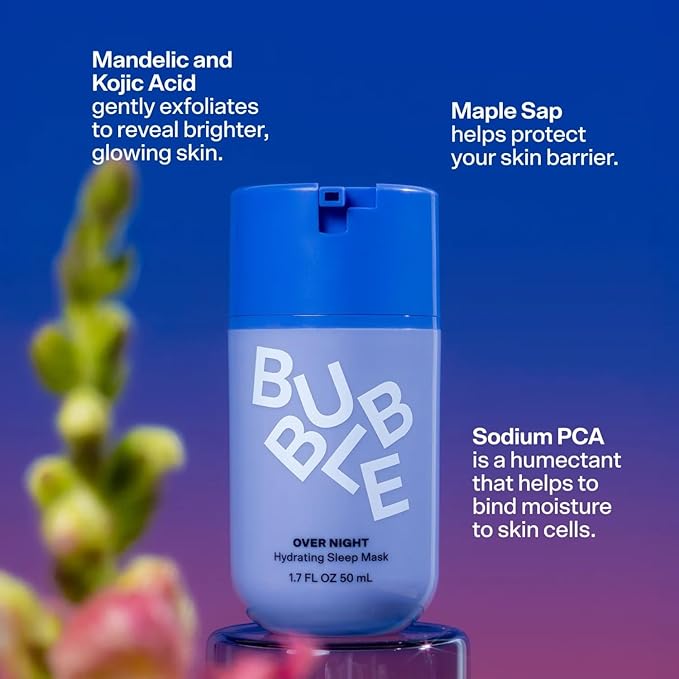 Bubble Skincare Over Night Hydrating Sleep Mask - Gentle Exfoliating Overnight Face Mask for Skin Barrier Repair - Formulated with Mandelic Acid & Sodium PCA to Hydrate, Brighten & Soothe Skin (50ml)