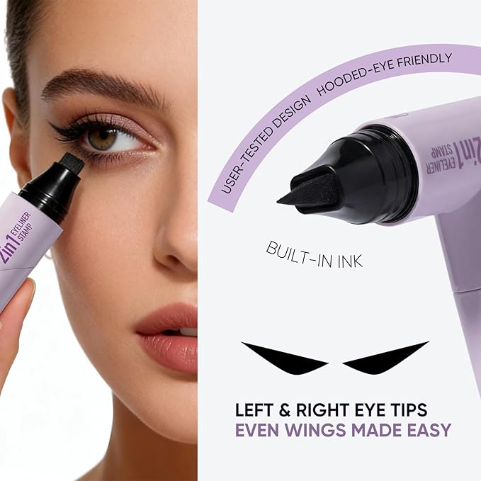 2CHILL 2-Pack Rotating Eyeliner Stamp Pen, Dual-Ended Winged Eyeliner Stamp, Cat Eye Tool, Waterproof & Smudge-Proof, Long-Lasting Make up, Matte Finish, Liquid Eyeliner for Beginners, Black & Brown
