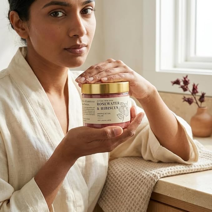 Nature Skin Shop Rosewater & Hibiscus Whipped Ritual Polish – Brightening & Hydrating Exfoliating Body Scrub, 8oz