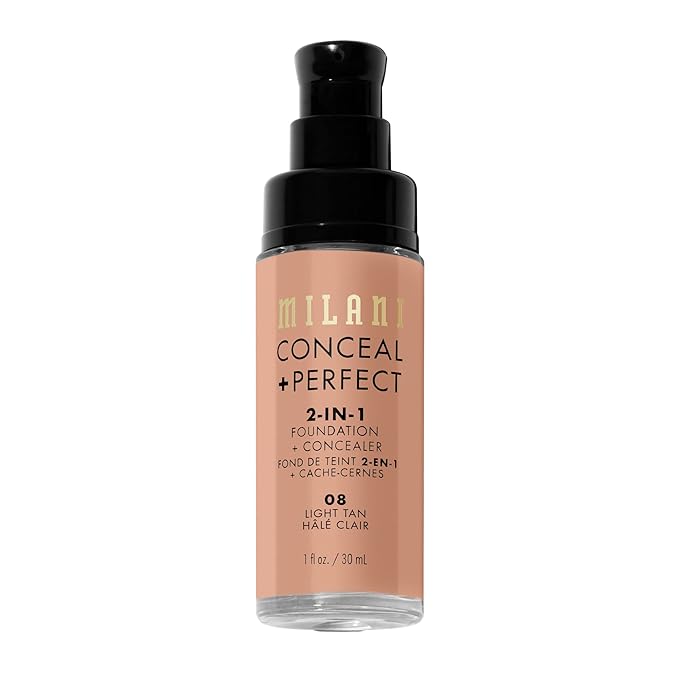 Milani Conceal + Perfect 2-in-1 Foundation + Concealer for a Flawless Complexion, Under Eye Corrector, Cover Redness and Imperfections, Waterproof and Sweatproof - 08-Light Tan