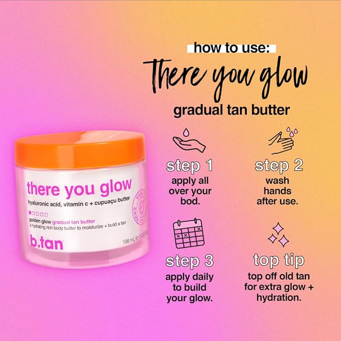 b.tan Gradual Self Tanning Lotion | There You Glow Body Butter - Best for Daily Use to Develop a Medium to Dark Bronze, Ultra Moisturizing Sunless Tanner, No Fake Tan Smell, 6.7 Fl Oz