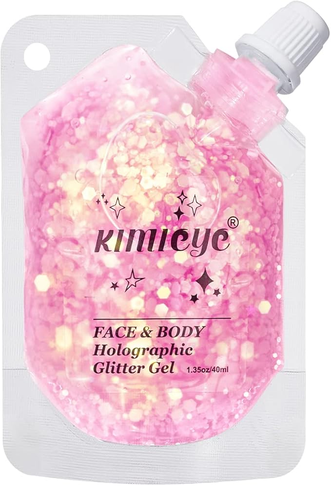 Face Body Glitter Gel Shimmer Makeup for Hair Clavicle Arm Nail Eyeshadow, Long Lasting Waterproof Holographic Mermaid Sequins for Outfit Rave Festival Party, 1.35oz, Luminous Pink