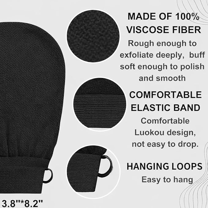 Skincare Premium Exfoliating Mitt – Vegan Viscose exfoliating Kessa Glove for Self-Tan Removal, Keratosis Pilaris & Smooth, Radiant Skin (Black & Pink, 2 Mitts)