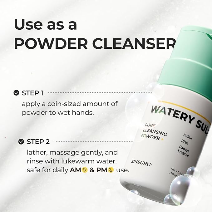 Watery Sulfur Pore Cleansing Powder, Korean Enzyme & Rice Powder & PHA Face Wash for Blackhead Removal, Sensitive and Acne-Prone Skin, Radiant Glow, Bumpy skin (1.76 oz / 50g)