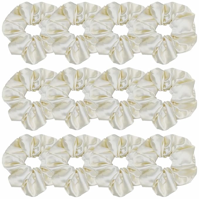 12 Pcs Satin Silk Scrunchies, Soft Hair Ties, Fashion Hair Bands, Hair Bow Ropes, Elastic Ponytail Holders, Hair Accessories for Women and Girls (4.3 Inch, Beige)