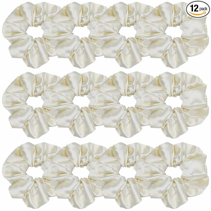 12 Pcs Satin Silk Scrunchies, Soft Hair Ties, Fashion Hair Bands, Hair Bow Ropes, Elastic Ponytail Holders, Hair Accessories for Women and Girls (4.3 Inch, Beige)