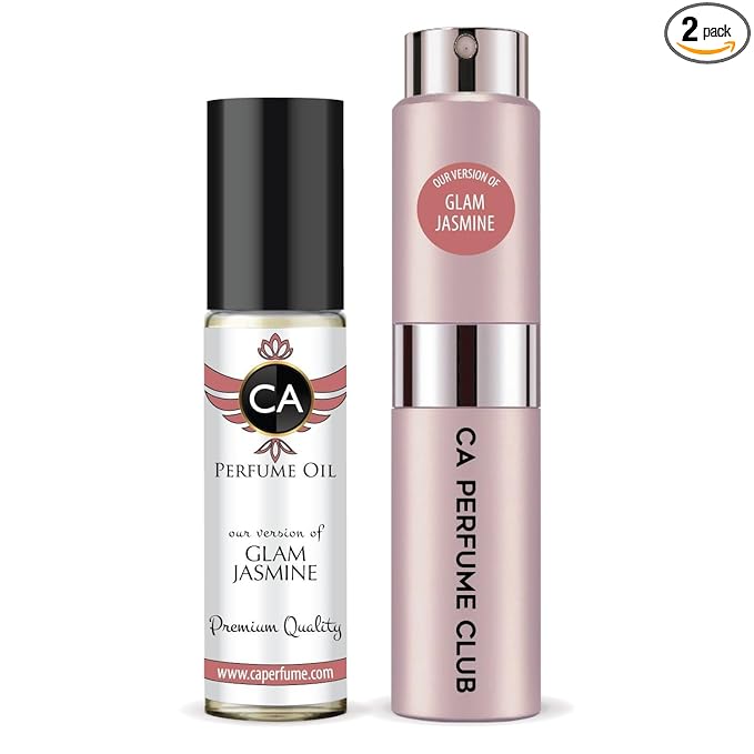 CA Perfume Duo Impression of Glam Jasmine For Women Perfume Layering Set Long Lasting Travel Size EDP + Body Oil Roll-On Bottle 0.27 Fl Oz+0.33 Fl Oz