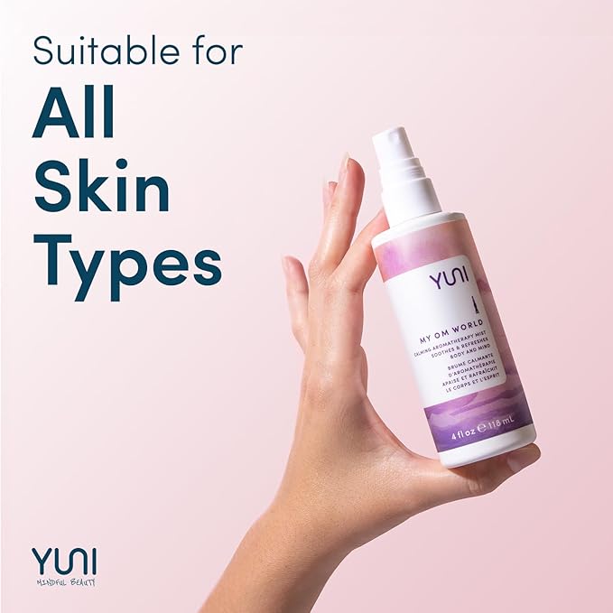 YUNI Beauty Calming Body Mist (4oz) My OM World - Natural Aromatic Oils - Relaxing Stress Relief - Promotes Focus & Clarity - All Natural, Paraben-Free, Cruelty-Free