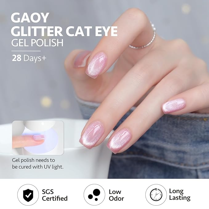 GAOY Cat Eye Gel Nail Polish, 16ml Pink Glitter Holographic Nail Polish with Magnet, Reflective Translucent UV Gel, 2219 Dazzling Pink