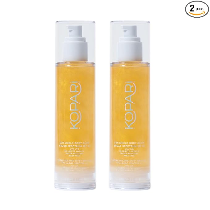 Kopari Sun Shield Body Glow, Broad Spectrum SPF 50, Lightweight Shimmering Gel Texture Absorbs Quickly, Non Sticky, Glowing Results, Gold 2 Pack