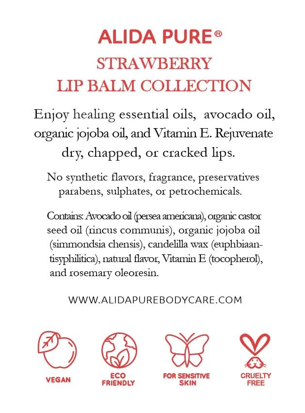 Strawberry Lip Balm Collection, Vegan Set, Beeswax Free, with Organic Jojoba and Avocado Oil, Vitamin E, Natural Moisturizer for Dry, Chapped Lips, 3 Tube Set