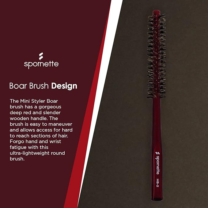 Spornette Mini Styler Boar Bristle .75 inch Round Brush (#HB-2) for Blowouts, Volume, Styling, Finishing, Curling & Setting Short, Curly, Wavy, Straight, Thick, Normal or Thin Hair on Men & Women