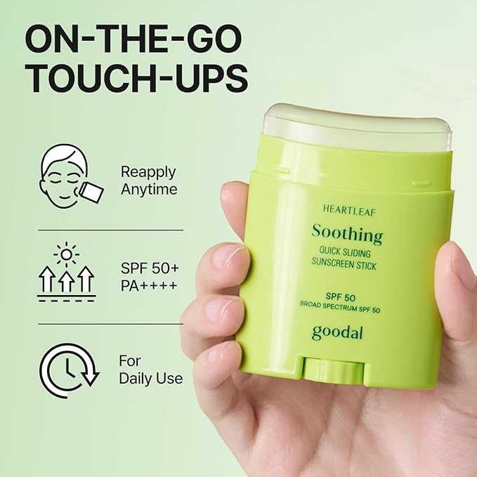 GOODAL Heartleaf Soothing Quick Sliding Sunscreen Stick, Broad Spectrum SPF 50, Lightweight Korean Sun Stick for Face & Body, Non-Sticky for Reapplication Over Makeup, Reef-Friendly, Vegan, 0.77 Oz