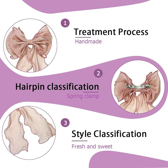 Bright Colors Hair Ribbon-Organza Bow With Long Tail Ribbon ，Soft Chiffon Hair Bows for Women and small Girls，Elegant and fashionable Large Bow Metal Spring Clip bow hair clip Large -Cameo Browm