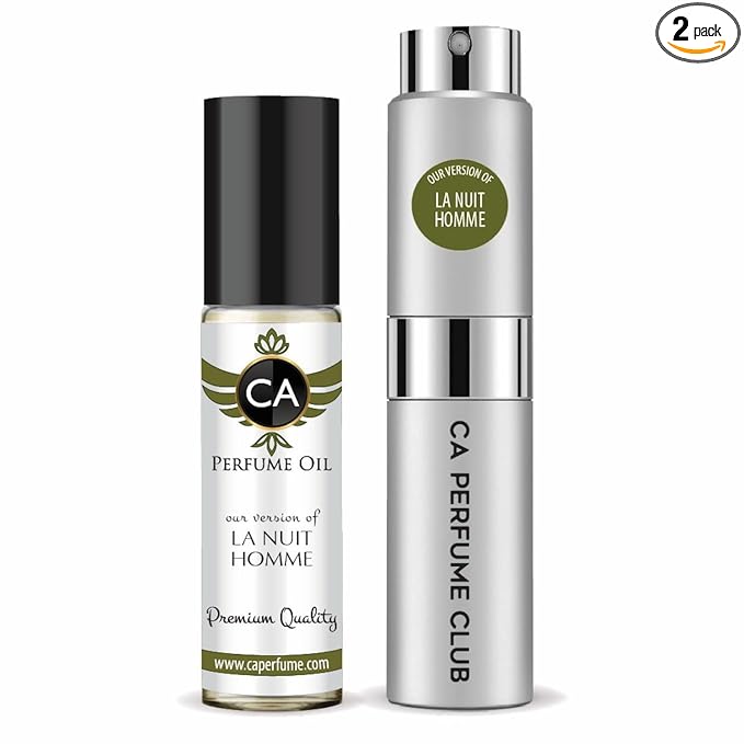 CA Perfume Duo Impression of La Nuit Homme For Men Perfume Layering Set Mens Cologne Long Lasting Travel Size EDP + Body Oil Roll-On Bottle 0.27 Fl Oz+0.33 Fl Oz