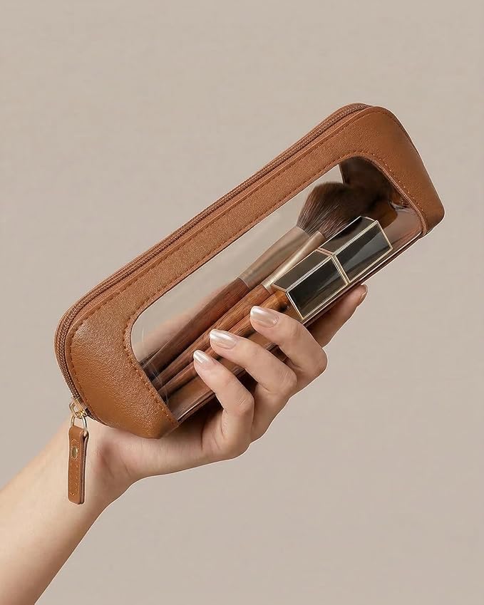Clear Makeup Bag,PU Leather Mini Makeup Pouch Portable Makeup Brush Case Transparent Waterproof Cosmetic Organizer Pouch with Zipper for Women Home Travel Office Car Organizer and Storage(Slim, Brown)