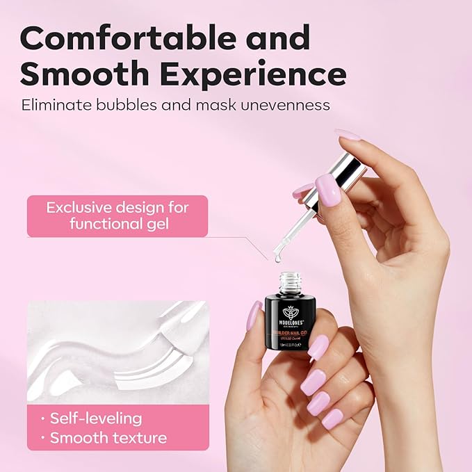modelones Base Coat Builder Nail Gel, 2 Pcs Clear and Baby Pink Builder Nail Polish, 8-in-One Rubber Base Gel Polish Pastel Pink Color Strengthener Apex Building Extension LED Lamp Cured 10ml