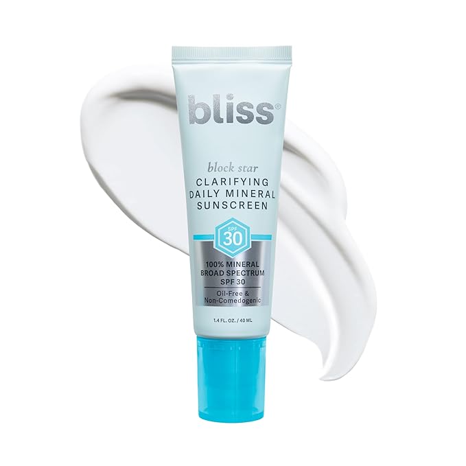Bliss Block Star Clarifying Daily Mineral Sunscreen Broad Spectrum SPF 30, Blendable Pore Safe Formula for Blemish Prone Skin with Salicylic Acid and Witch Hazel, 1.4 Fl Oz