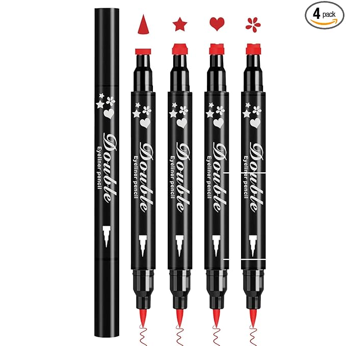 4PCS Red Eyeliner Pen Set, Eyeliner Stamp, Double-headed Red Liquid Eye liner Pencil for Women Eye&Lip Liner Professional Waterproof Halloween Makeup, Star,Triangle,Flower,Heart