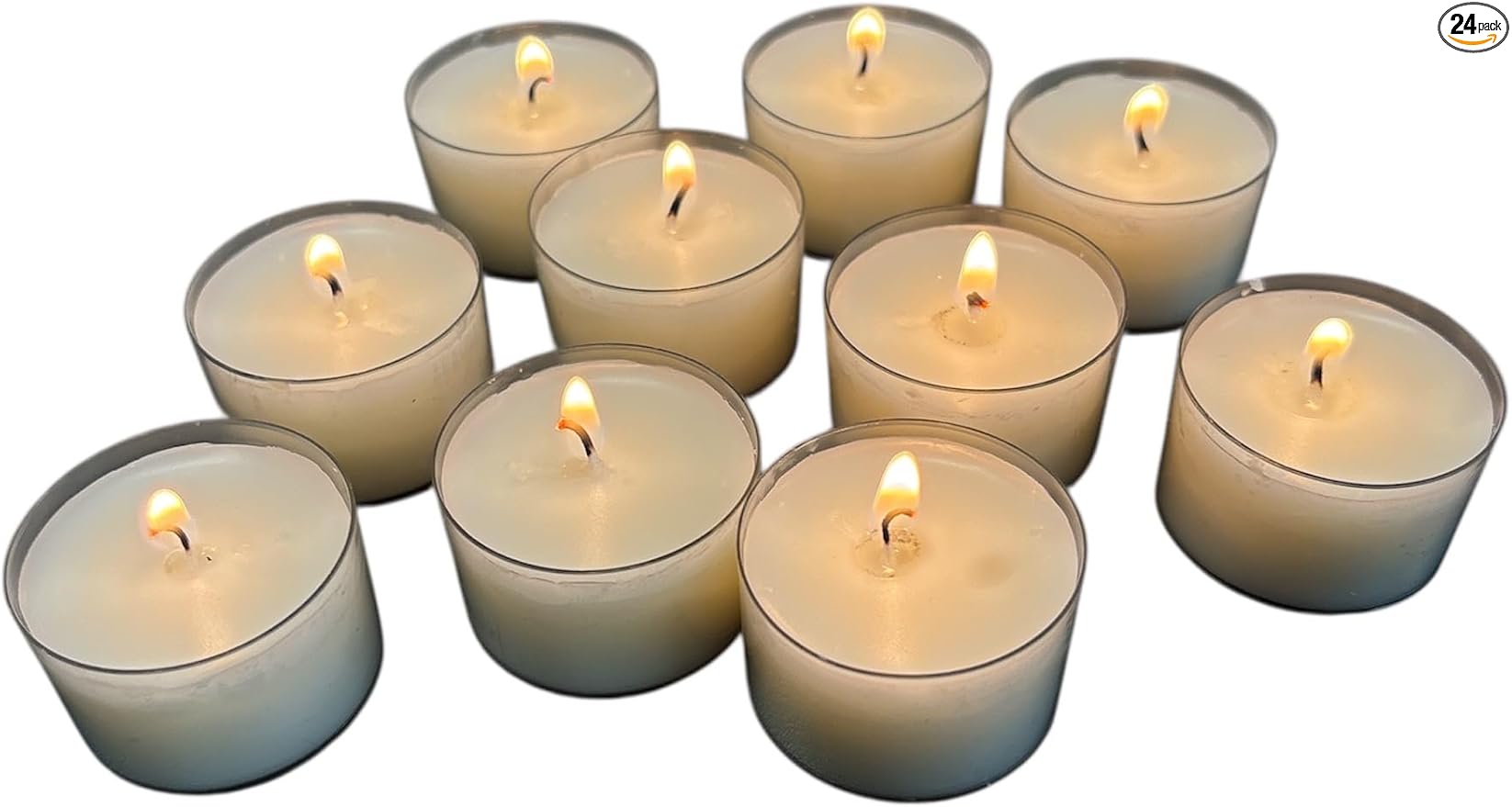 Stonebriar Bulk 24 Pack Unscented Smokeless Long Burning Clear Cup Tea Light Candles with 6 to 7 Hour Extended Burn Time