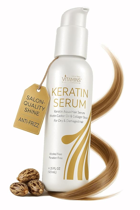 VITAMINS hair cosmetics Keratin Hair Serum with Biotin, Castor Oil & Collagen - Anti-Frizz Heat Protectant & Leave-In Shine Treatment for Dry, Damaged, Color-Treated Hair - 4.25 fl oz (125mL)
