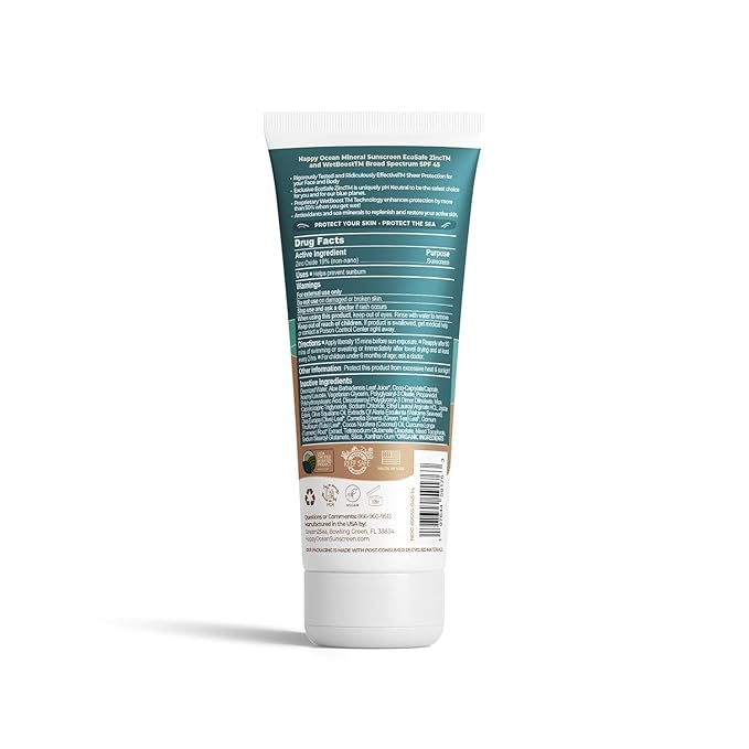 Happy Ocean Reef Safe Sunscreen SPF 45 – Biodegradable Zinc Oxide, Wet Boost Technology, Water Resistant 80 Min, Travel Size 2.5 oz