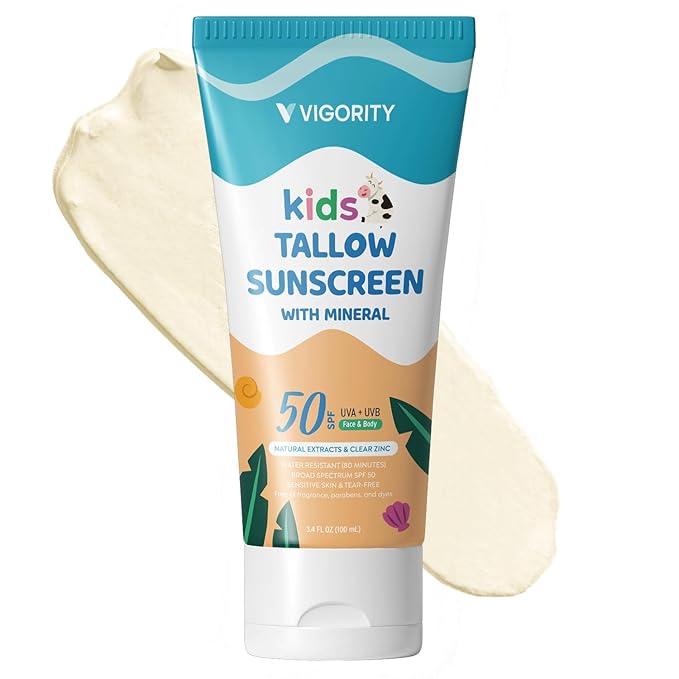 Beef Tallow Sunscreen for Kids with Zinc Oxide: Natural Non-Toxic SPF 50 Tallow Sunblock Cream - with Food-Grade Botanical Extracts - Kids & Sensitive Skin Safe, Water-Resistant - 3.4 FL OZ