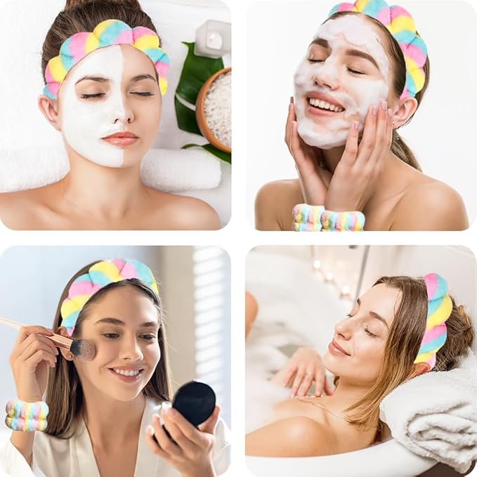 Tetizo Spa Headbands for Washing Face Wristband Set Sponge Makeup Skincare Headband Wrist Towels Bubble Soft Terry Towel Cloth Hairband for Women Puffy Headwear Non Slip Thick Thin Hair