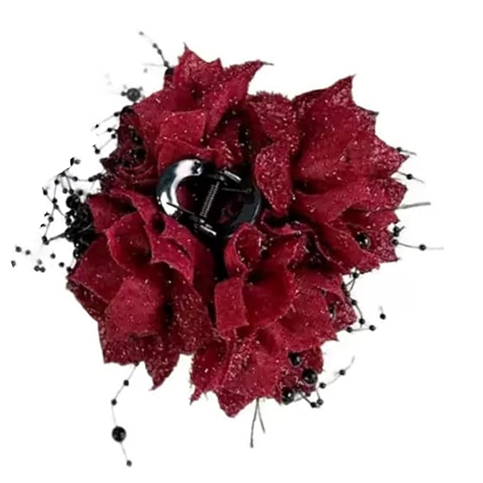 1pc Large Floral Bow Hair Claw Clips with Beads Tassels Red Flower Hair Claw Clip Hair Jaw Clip Hair Accessories for Women Girls Wedding Party Daily Wearing