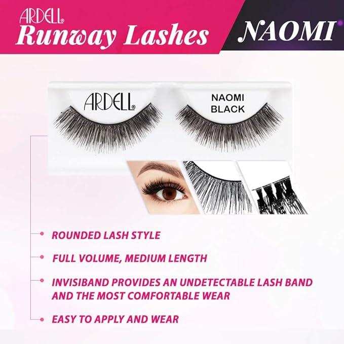 Ardell False Eyelashes Naomi Black - Full Volume, Natural Look Lashes, Comfortable Wear, 4-Pack