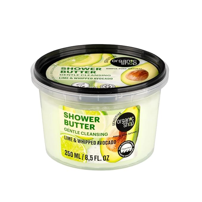 Organic Shop Shower Butter Whipped Avocado & Lime, 99% Natural, COSMOS Natural, Vegan Body Wash, Moisturizing Shower Cream, Gentle pH Balanced Cleanser, Paraben Free, Made in Europe, 8.5 fl oz