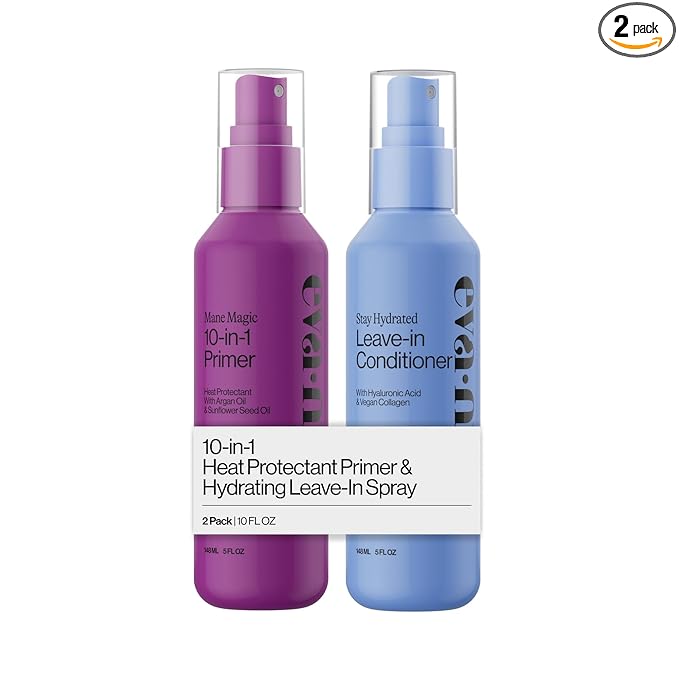 Eva NYC Prime and Hydrate Gift Set - Mane Magic 10-in-1 Heat Protectant Spray + Hydrating Leave-In Conditioner Spray - Formulated with Argan Oil, Hyaluronic Acid + Vegan Collagen - 10 fl oz - 2 Pack