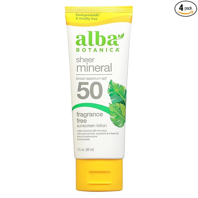 Alba Botanica Sunscreen for Face and Body, Sport Mineral Sunscreen Lotion, Broad Spectrum SPF 45, Water Resistant and Fragrance-Free, 4 fl. oz. Tube (Pack of 4)