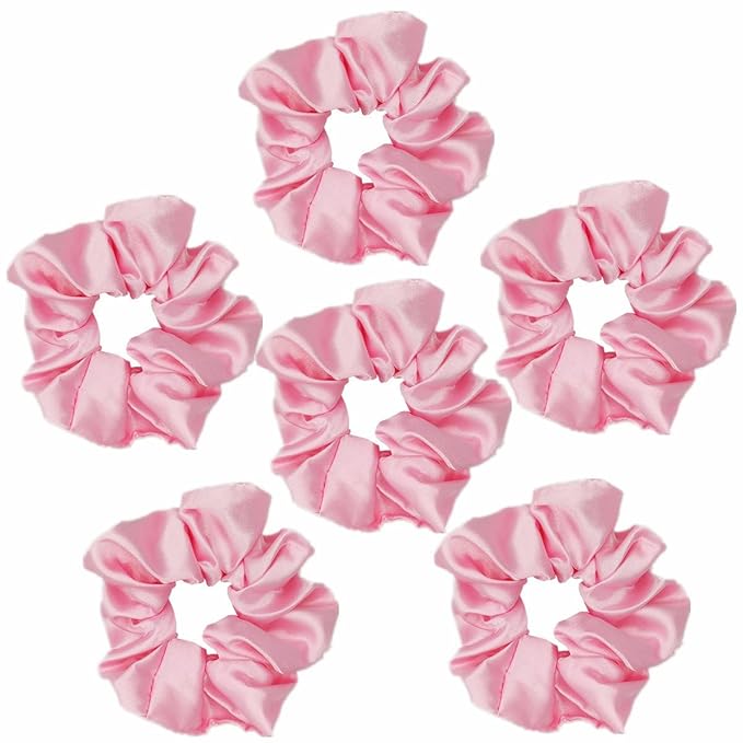 6 Pcs Satin Hair Scrunchies and Ties - Soft Ponytail Holders, Fashion Hair Bands, Bows, Ropes, and Elastics for Women and Girls (4.3 inch, Pink)