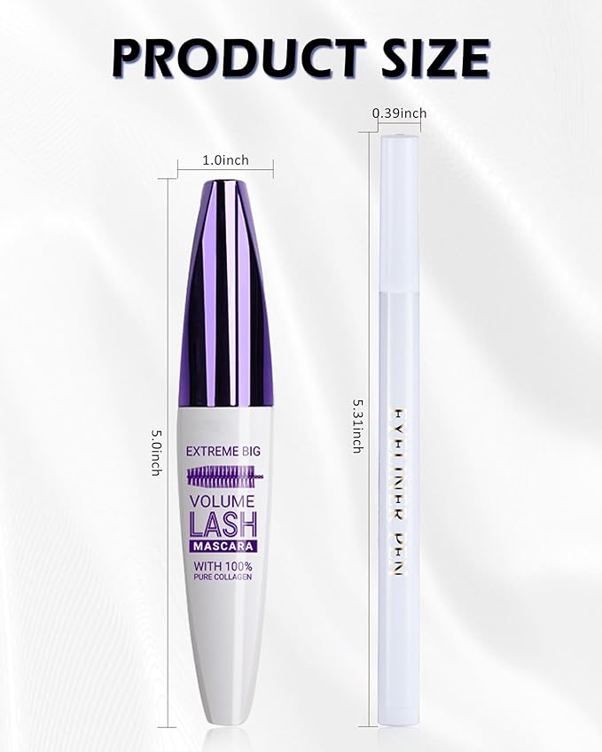 Purple Waterproof Mascara & Eyeliner, 5D Silk Fiber Lash Extension Colored Tube Mascara Volume and Length,Long-Lasting Smudge-Proof Volumizing Colorful Máscara & Liquid Eyeliner Pen Set for Women