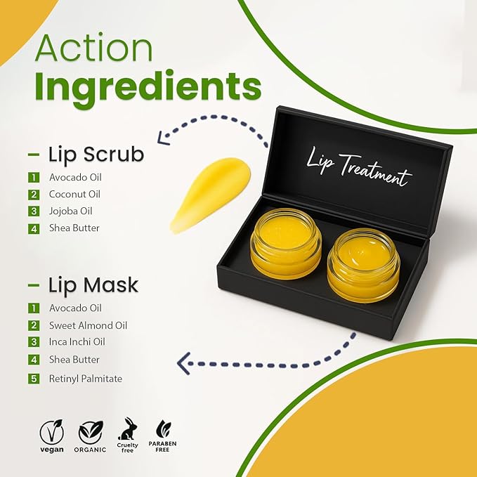 Mango Lip Mask & Scrub Duo – Hydrating & Exfoliating Lip Care with Omega Fatty Acids, Organic Oils & Organic Shea Butter – Soft, Smooth, Plump Lips – Vegan & Paraben-Free, No Nasties