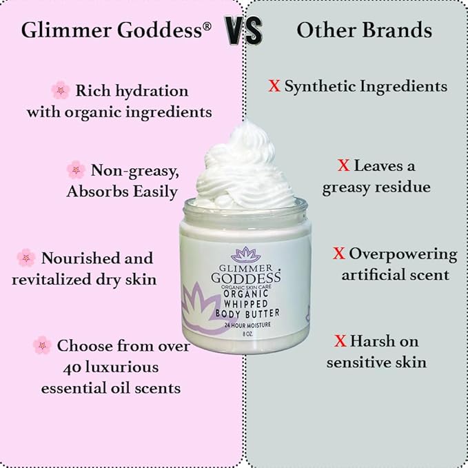 Glimmer Goddess Organic Whipped Body Butter for Women - Moisturizer Cream with Shea & Cocoa Butter, Almonds & Coconut Oil - Coastal Reverie, 8oz
