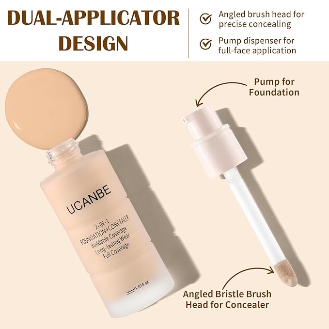 UCANBE 2-IN-1 Foundation + Concealer, Full Coverage Long-Lasting Matte Makeup for Normal, Combination and Oily Skin, Buildable Waterproof Formula with Hyaluronic Acid （06 Warm Honey）