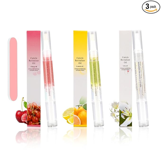 Meschett 3PCS Nail Cuticle Oil Pens with Nail File, Cuticle Oil for Nails from Natural, Nail Oil Cuticle for Cracked and Dry Nail(Lemon & Lily & Cherry Flavor)