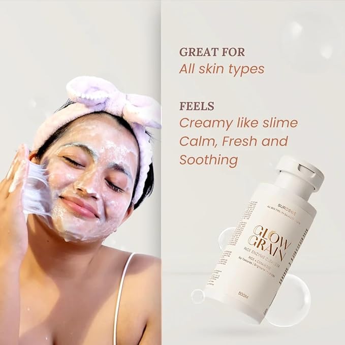 Suroskie Glow Grain Rice Enzyme Cleanser 50 Gm | Ceramide & Lactic | Deep Cleansing Foaming Facewash Powder For Hydrated, Glowing & Brighten Skin | Korean Skincare For All Skin Types For Men & Women