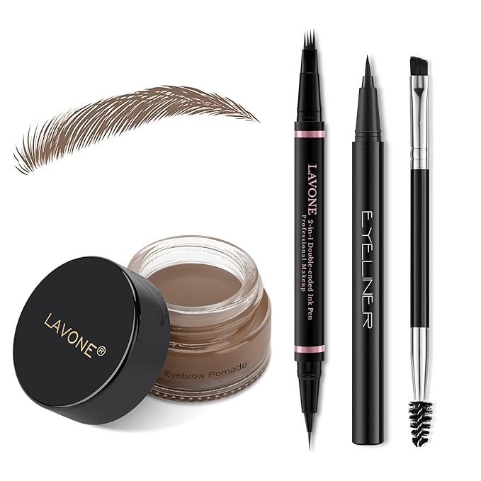 LAVONE Eyebrow Pencil Makeup Kit, with Waterproof 2-IN-1 Microblading Eyebrow Pen, Eyebrow Pomade, Eyeliner and Dual-ended Eyebrow Brush, Brow Pencil Kit for Natural Eyebrows - Brown