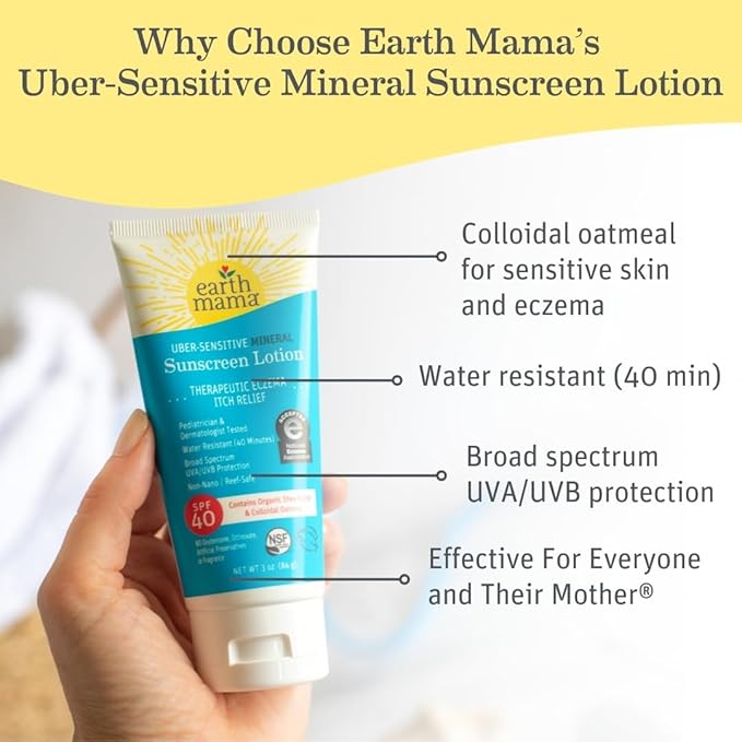 Earth Mama Uber Sensitive Mineral Sunscreen Lotion SPF 40-3 oz - Non-Nano Zinc - Broad Spectrum Sunscreen for Sensitive Skin - Water Resistant Sun Protection for Babies, Kids & Adults