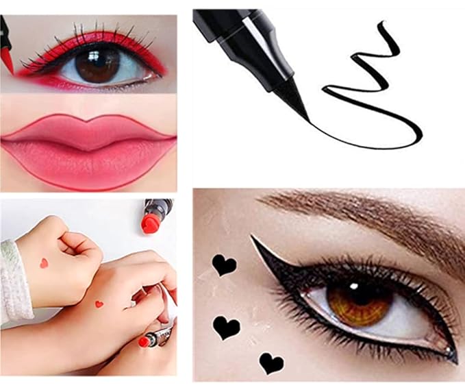 Go Ho 2 PCS Waterproof Liquid Eyeliner Stamps,Double-side Black&Red Smudge-proof Eye Liner,Heart Stamp Eyeliner for Halloween Costumes Makeup,Long-lasting Love Tattoo Tools
