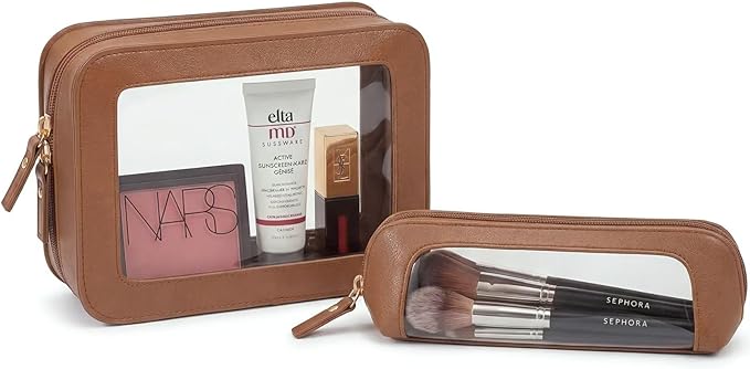 LETGO Clear Makeup Bag Set - Travel Toiletry Organizer for Women, Waterproof Cosmetic Pouch & Car Accessory for Travel Size Lipstick Case Pouch Car Organizer and Storage (2Pack-Standard&Slim, Brown)