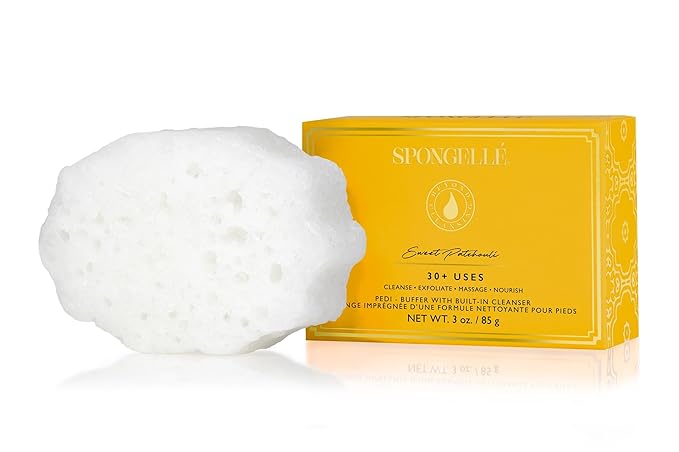 Spongellé Sweet Patchouli Pedi Buffer Bath Sponge | Exfoliating Foot & Heel Scrub | Cleanse, Exfoliate, and Nourish in One Easy Step | Cruelty-Free, Vegan, Dermatologist-Tested, Made in USA