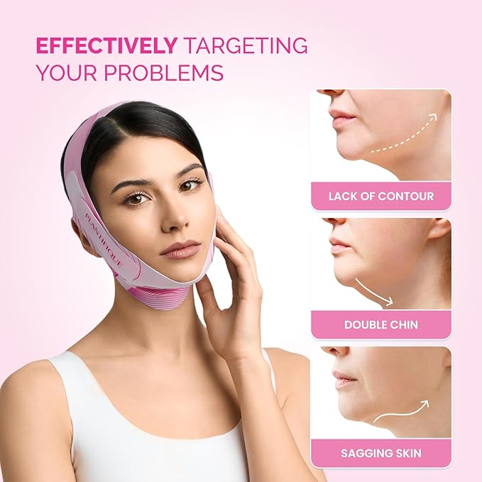PLANTIFIQUE Chin Strap for Face Contouring - Reusable V Line Ice Silk Fabric Mask - Double Chin Shaping, Adjustable, Breathable Fabric - Jawline Shaper for Women & Men (Pink)