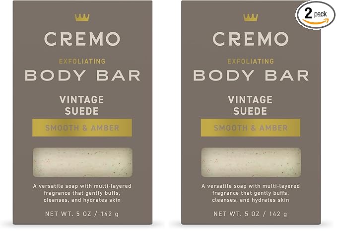 Cremo Exfoliating Body Bar for Men, Vintage Suede Scent, Multi-Layered Fragrance That Buffs, Cleanses and Hydrates Skin, 5oz (Pack of 2)