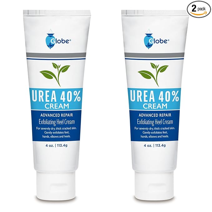 Globe (2 Pack Urea Cream 40% - (4 oz) Intensive Hydration for Dry and Cracked Heels, Feet, Hands, Elbows and Knees - Callus Remover for Women - Helps Athletes Foot - Foot Odor - Total 8 oz