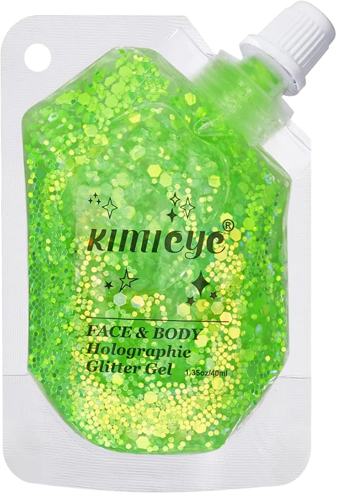 Face Body Glitter Gel Shimmer Makeup for Hair Clavicle Arm Nail Eyeshadow, Long Lasting Waterproof Holographic Mermaid Sequins for Outfit Rave Festival Party, 1.35oz, Luminous Green