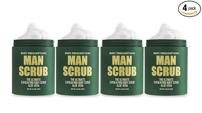 Body Prescriptions Men’s Exfoliating Body Scrub – Ultimate Skin Cleansing Wash in Jar with Twist-Top Lid, For All Skin Types, 21 Ounce (Pack of 4), Aloe Vera